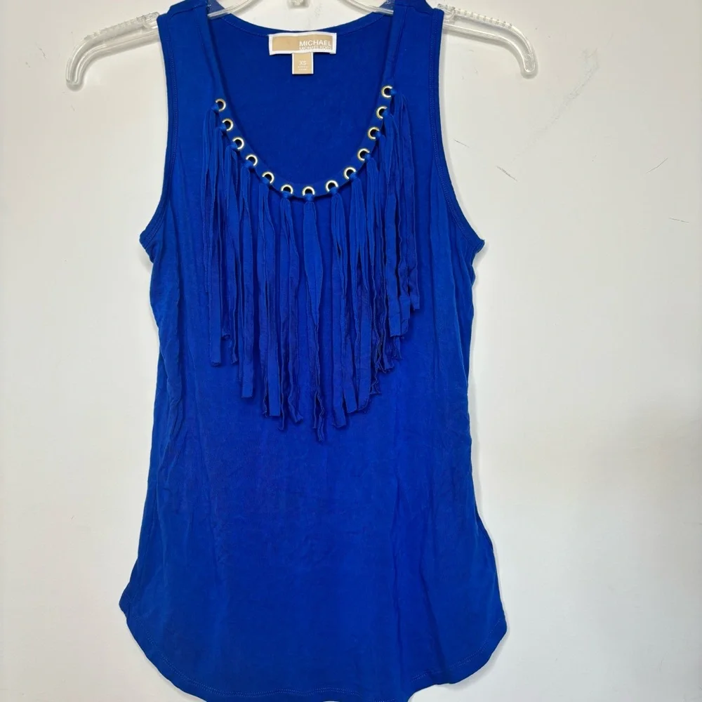 BN5 Michael Kors Boho‎ Western Fringe Viscose Royal Blue Jersey Women XS